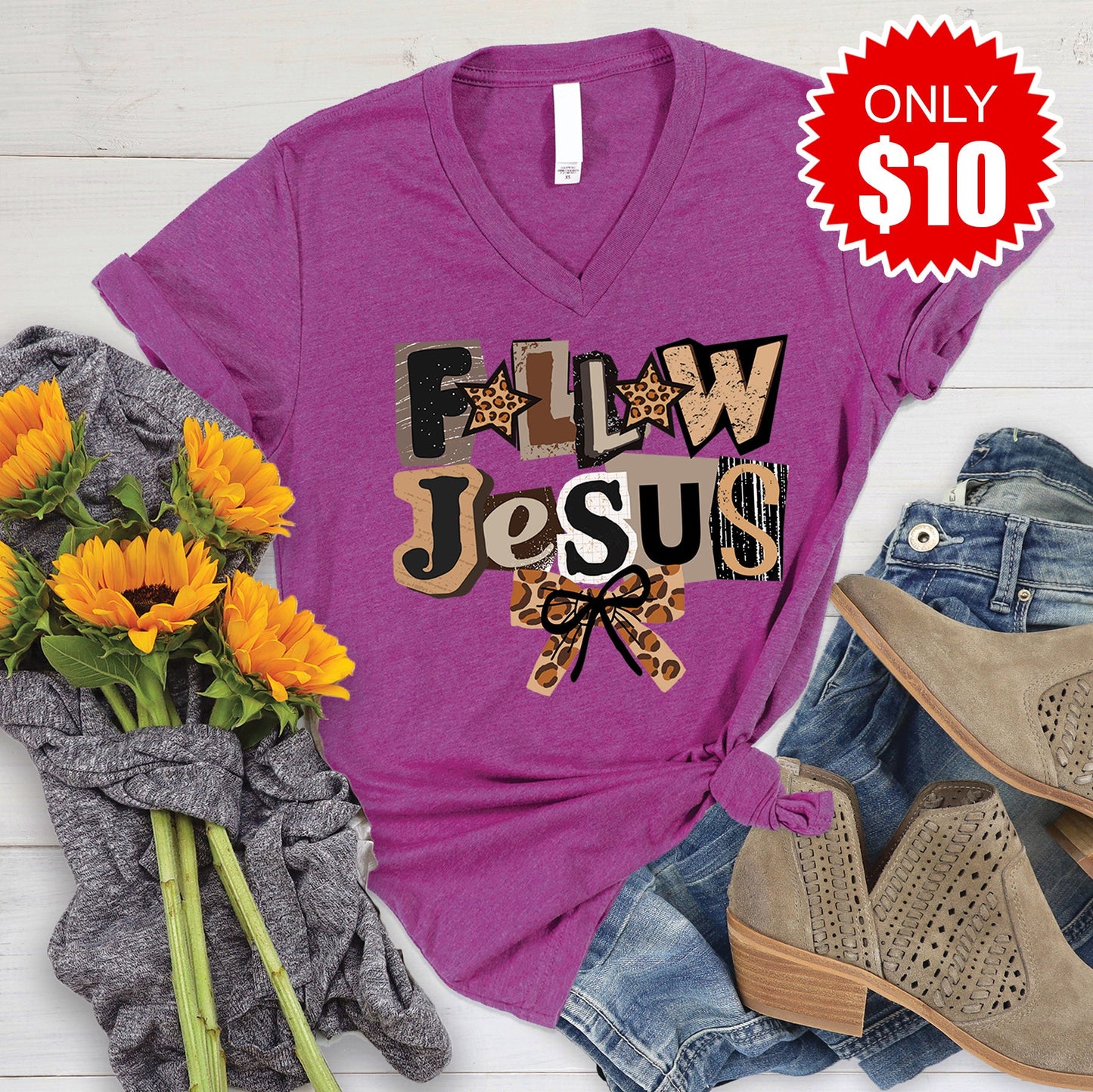 Follow Jesus V-Neck - Heather Dragonfruit - 10