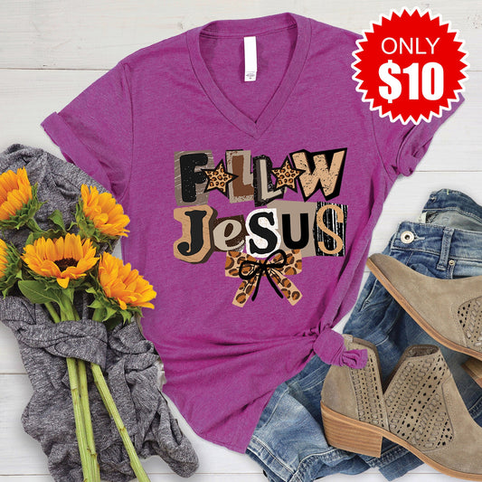Follow Jesus V-Neck - Heather Dragonfruit - 10