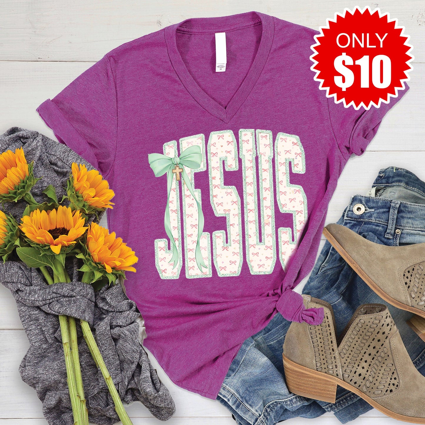 Jesus V-Neck - Heather Dragonfruit - 10