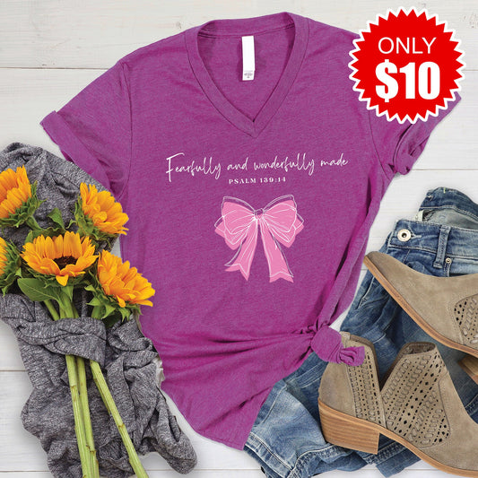 Fearfully and Wonderfully Made V-Neck - Heather Dragonfruit - 10