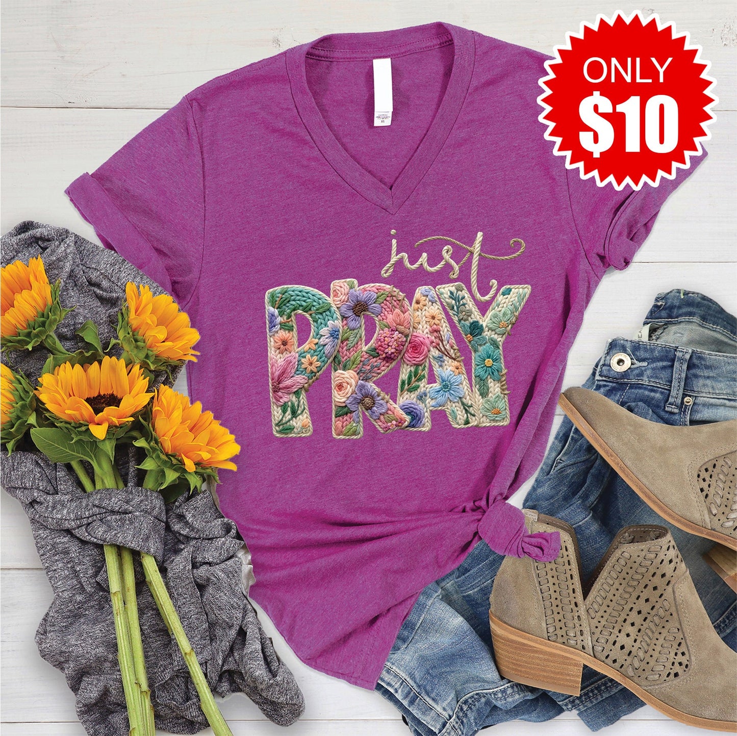Just Pray Crochet V-Neck - Heather Dragonfruit - 10