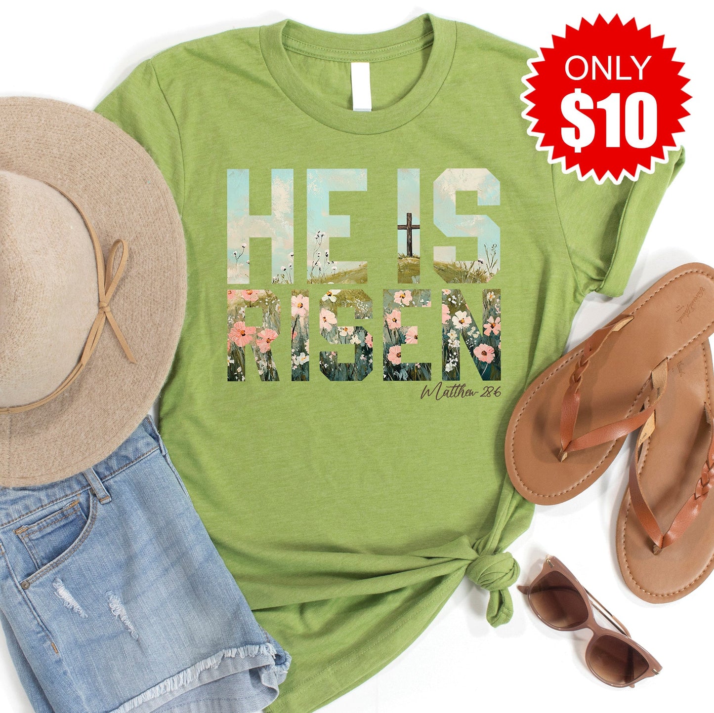 He Is Risen Tee - Heather Green - 10