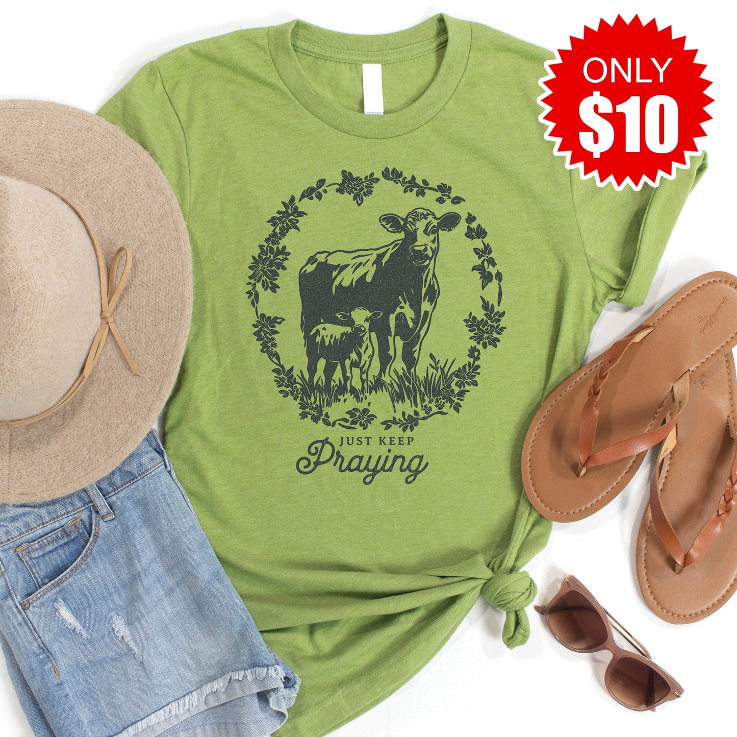 Just Keep Praying Tee - Heather Green - 10