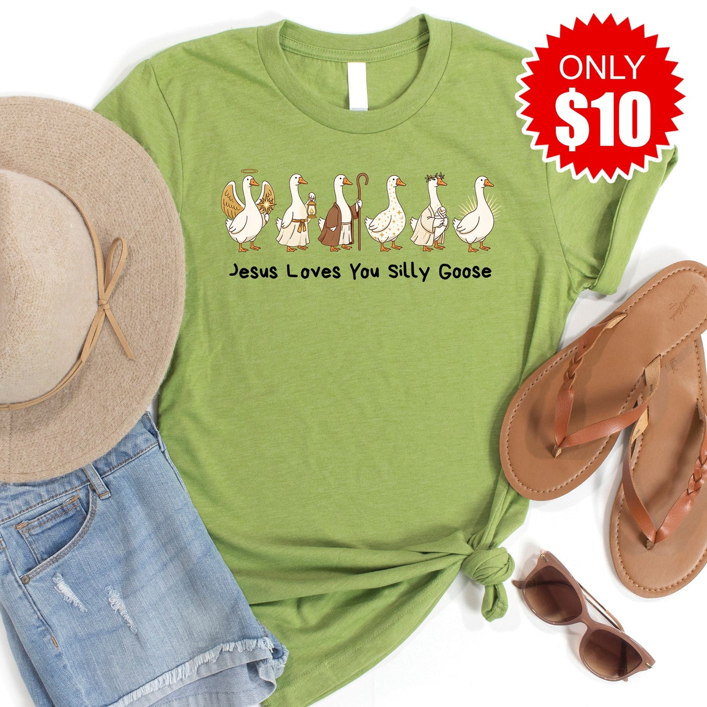 Jesus Loves You Silly Goose Tee - Heather Green - 10