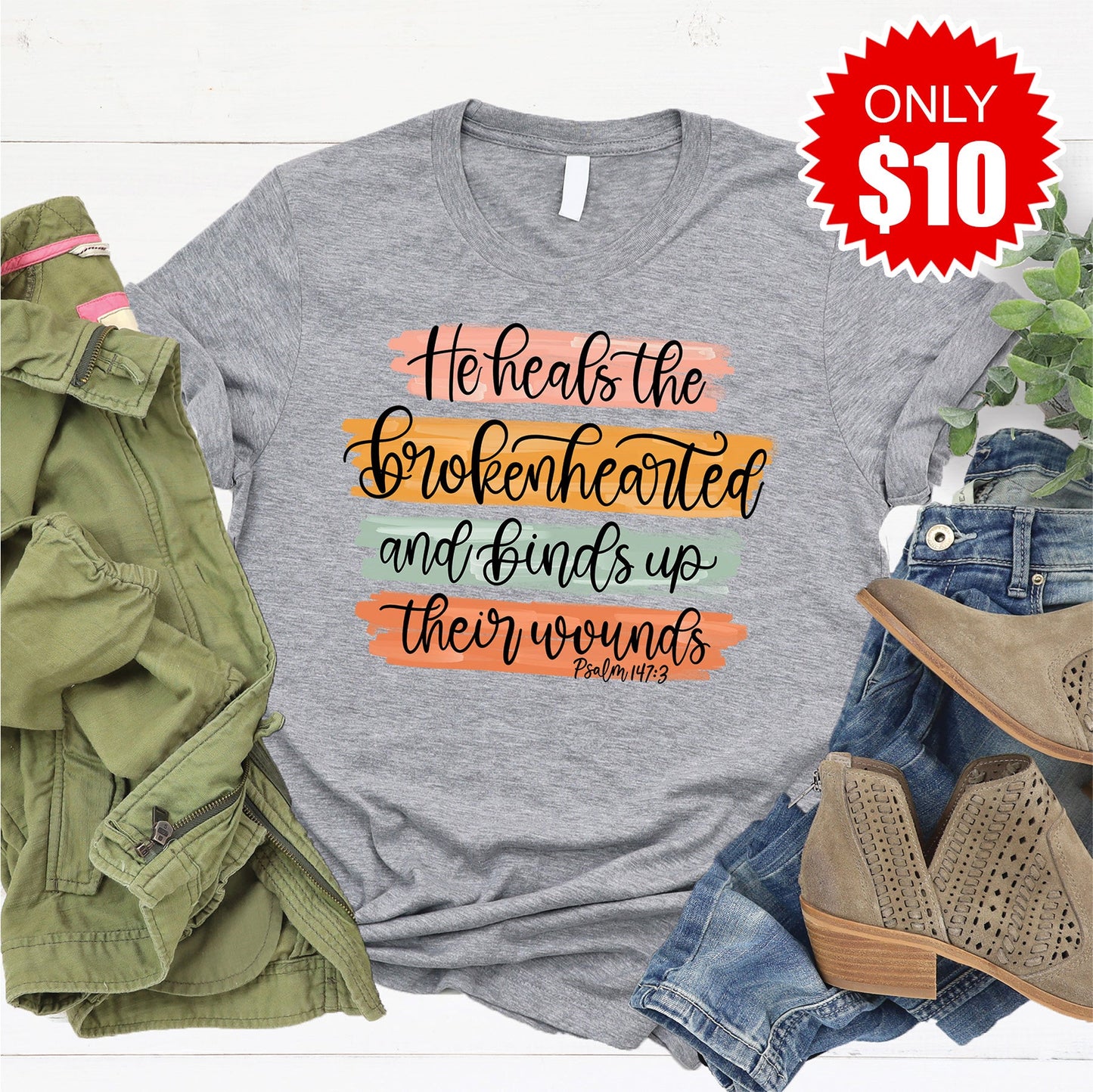 He Heals The Brokenhearted Tee - Heather Grey - 10
