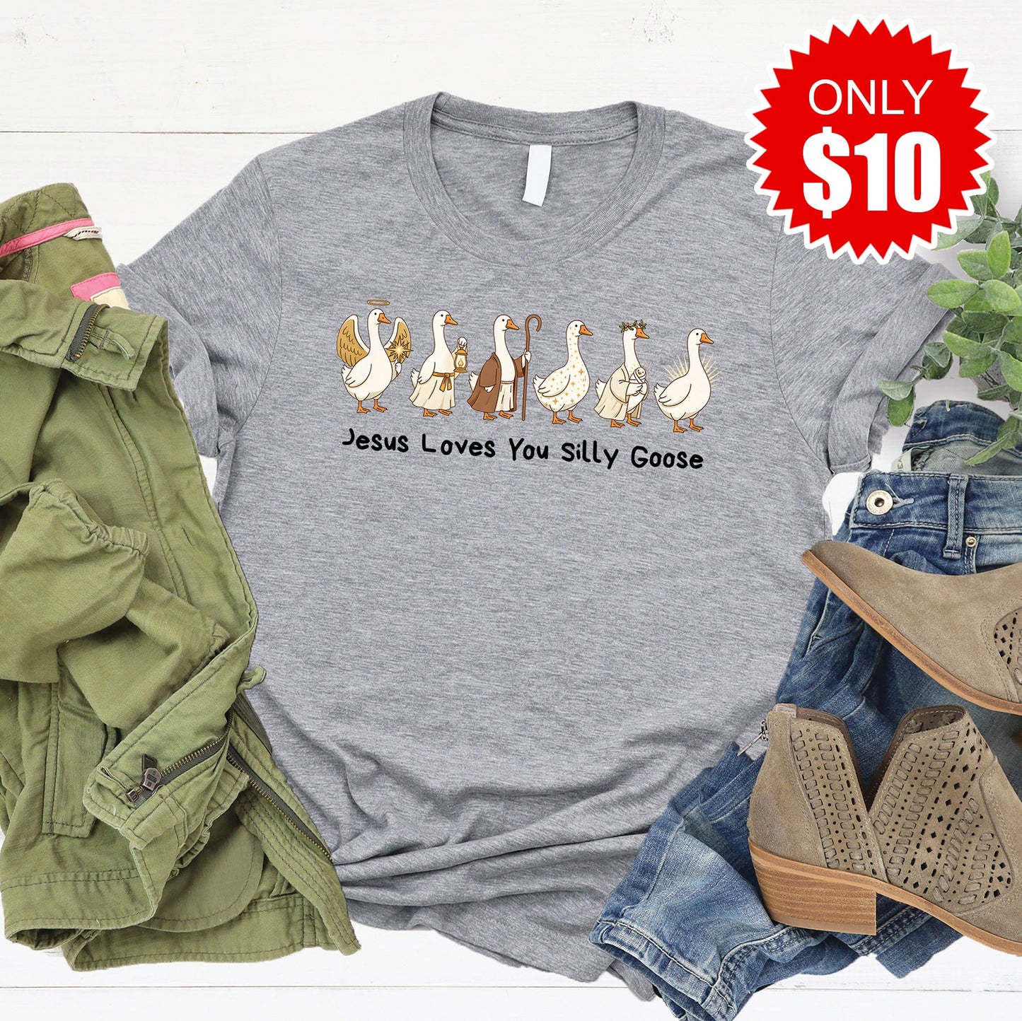 Jesus Loves You Silly Goose Tee - Heather Grey - 10