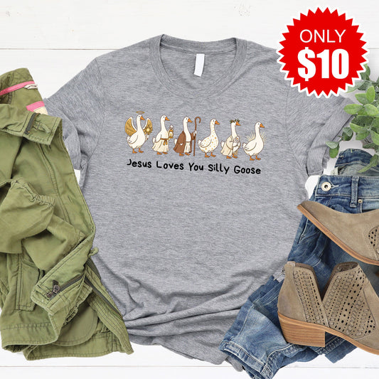 Jesus Loves You Silly Goose Tee - Heather Grey - 10
