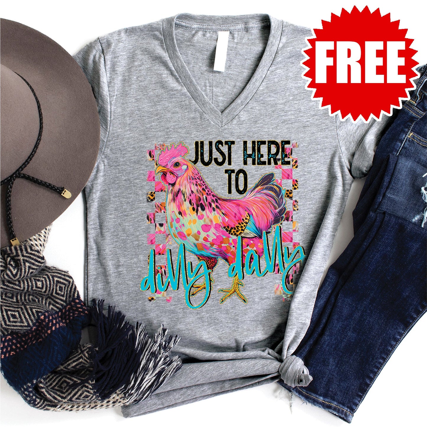 Dilly Dally Chicken V-Neck - Heather Grey - 0