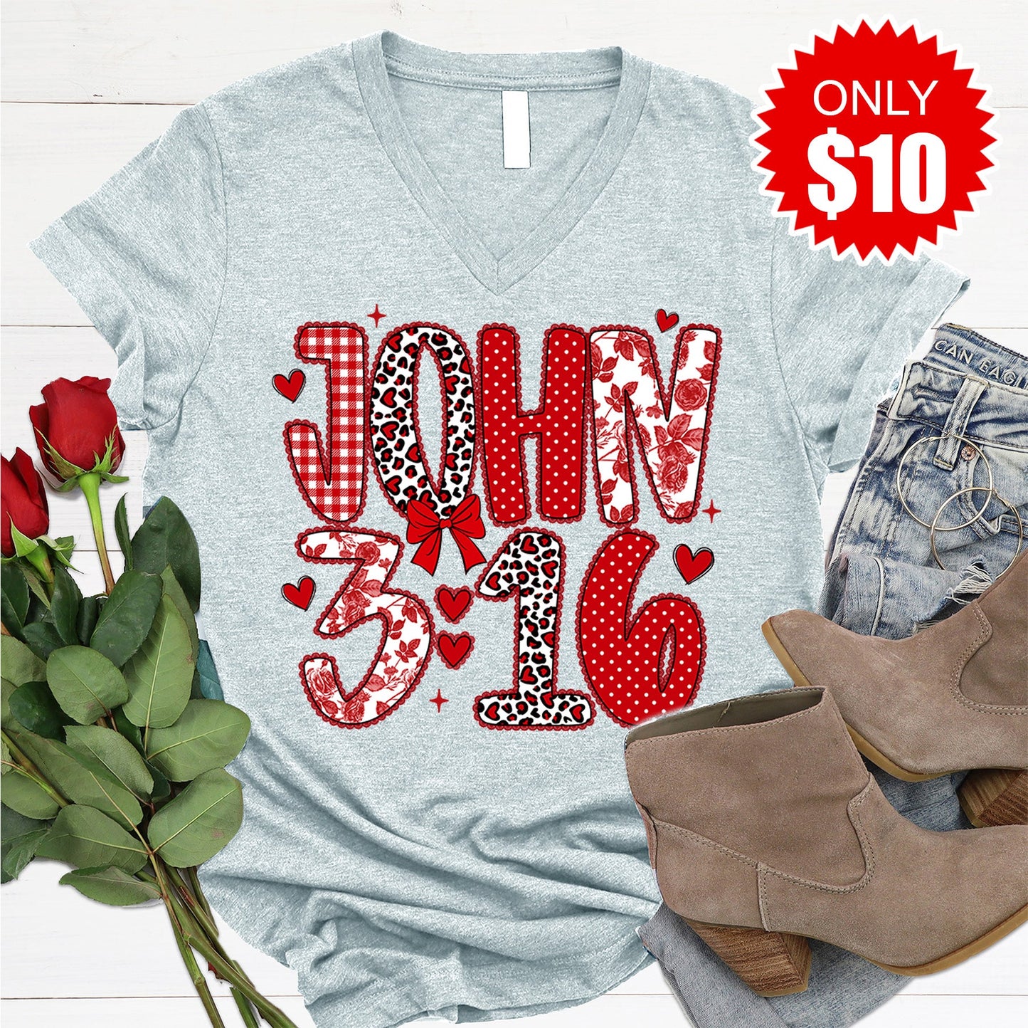 John 3:16 V-Neck - Heather Prism Ice Blue - 10
