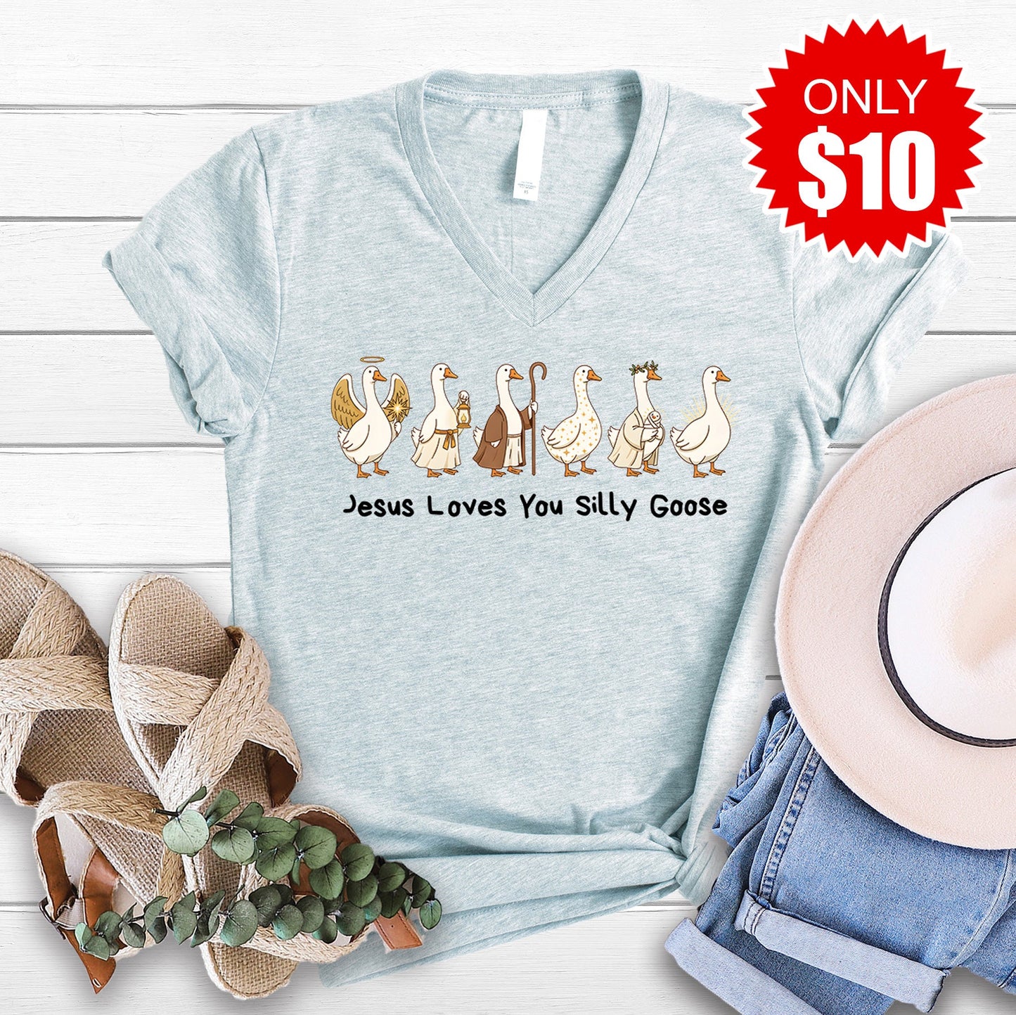 Jesus Loves You Silly Goose V-Neck - Heather Prism Ice Blue - 10