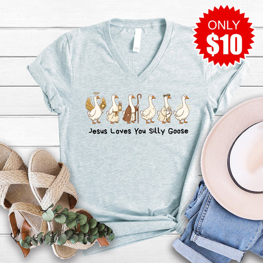 Jesus Loves You Silly Goose V-Neck - Heather Prism Ice Blue - 10