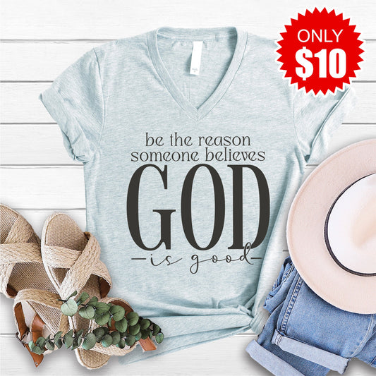 God Is Good V-Neck - Heather Prism Ice Blue - 10