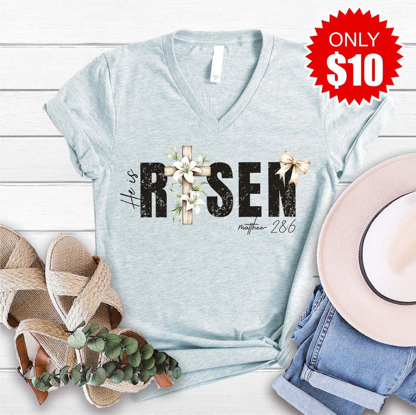 He Is Risen V-Neck - Heather Prism Ice Blue - 10