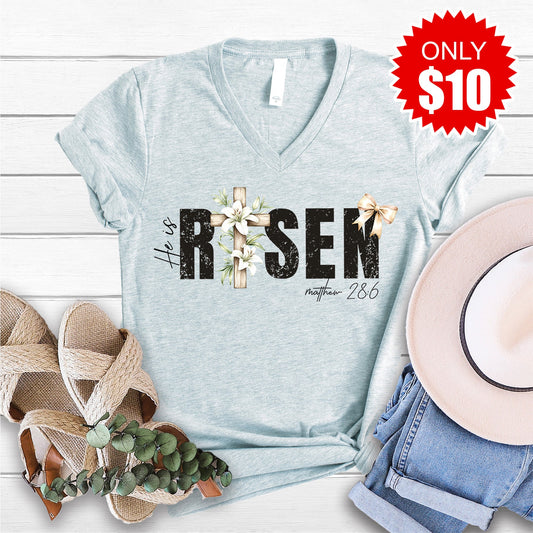 He Is Risen V-Neck - Heather Prism Ice Blue - 10