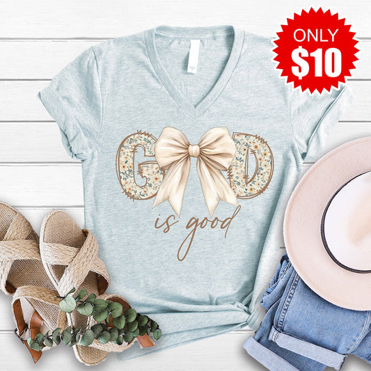 God Is Good V-Neck - Heather Ice Blue - 10