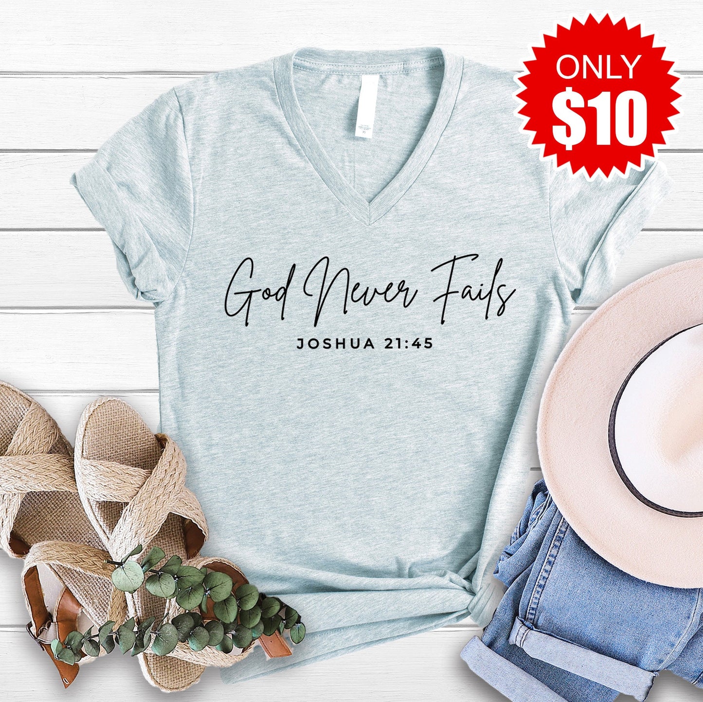 God Never Fails V-Neck - Heather Prism Ice Blue - 10