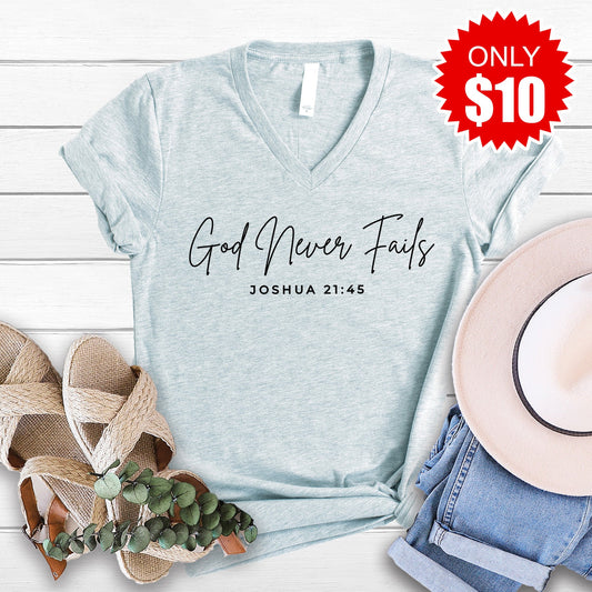 God Never Fails V-Neck - Heather Prism Ice Blue - 10