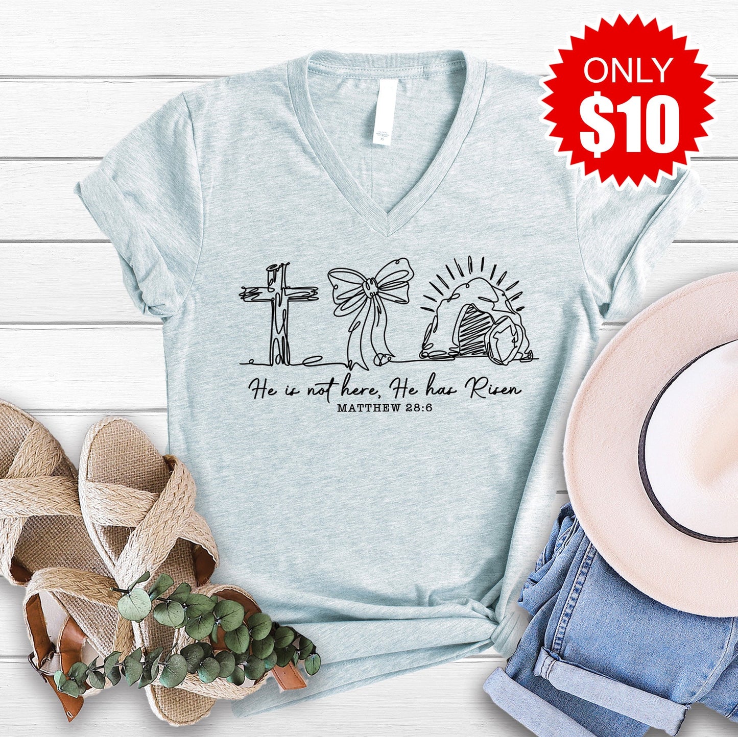 He Has Risen V-Neck - Heather Ice Blue - 10