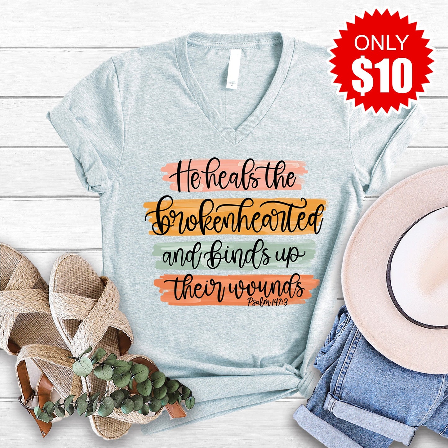 He Heals The Brokenhearted V-Neck - Heather Prism Ice Blue - 10