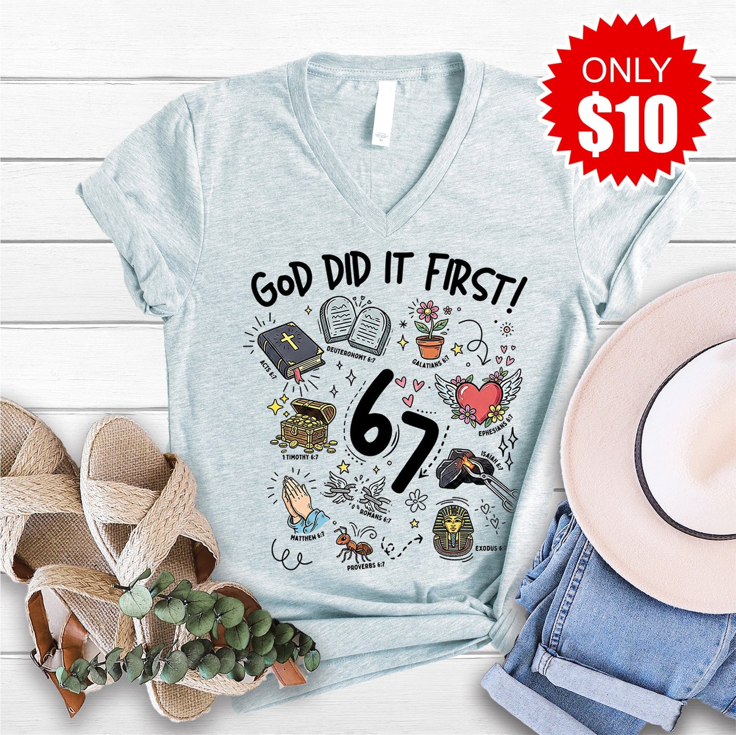God Did It First V-Neck - Heather Prism Ice Blue - 10