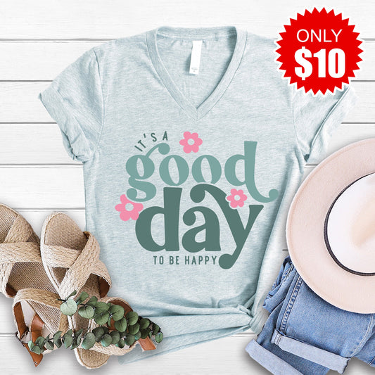 Good Day To Be Happy V-Neck - Heather Ice Blue - 10