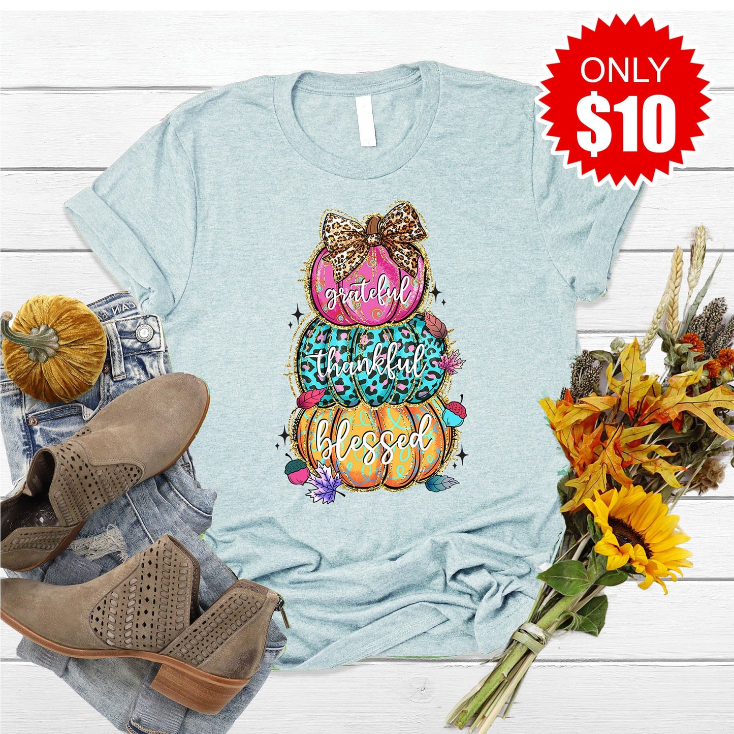 Grateful Thankful Blessed Tee - Heather Ice Blue - 10