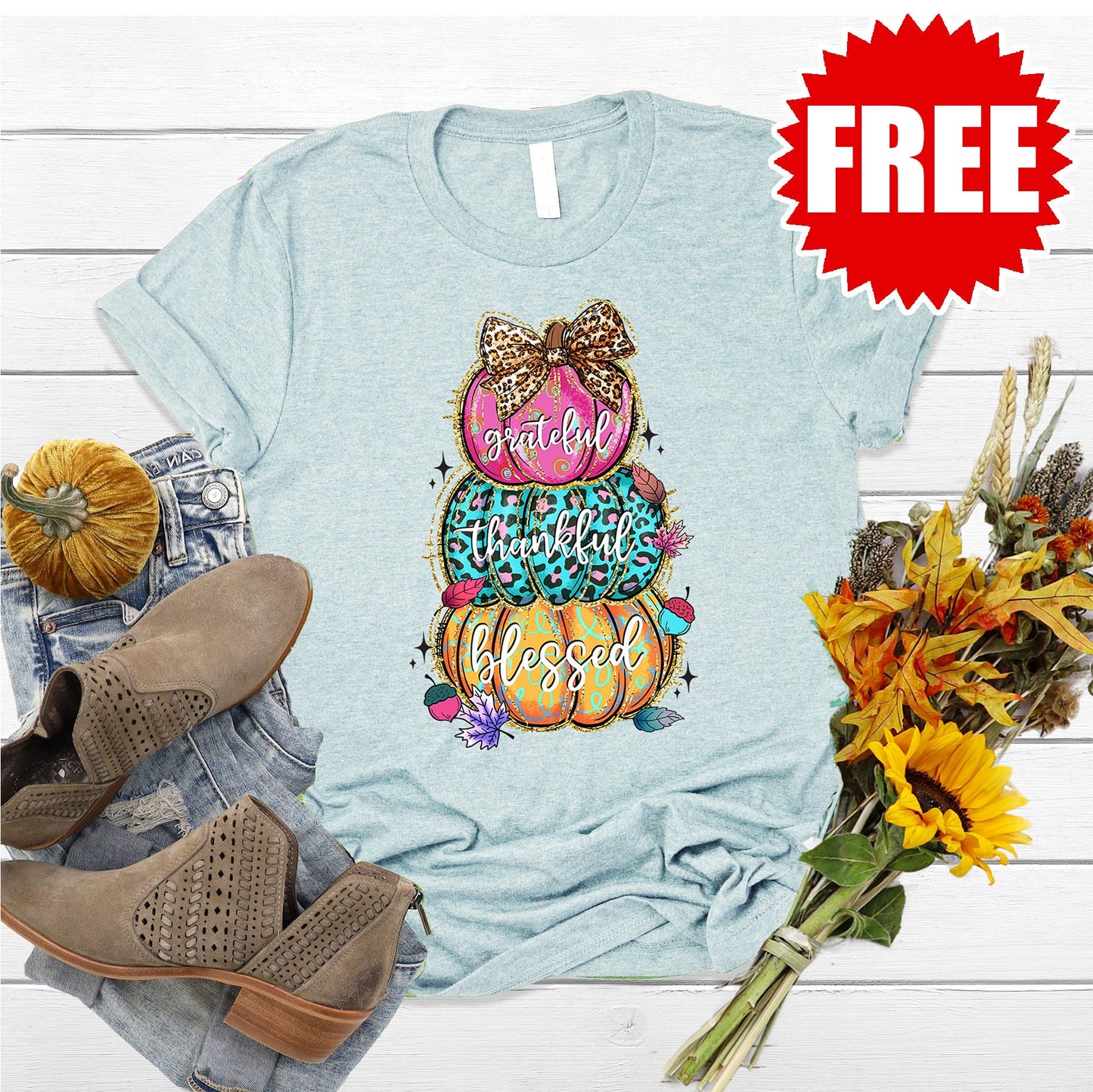 Grateful Thankful Blessed Tee - Heather Ice Blue - 0