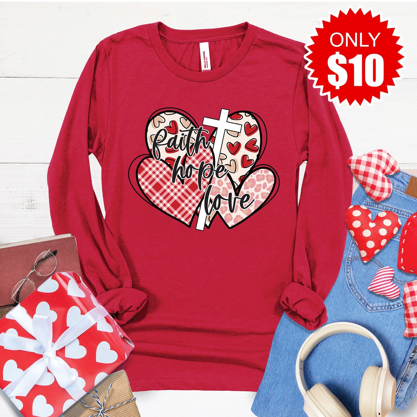 Faith Hope Love Long Sleeve - Heather Scarlet - 10
