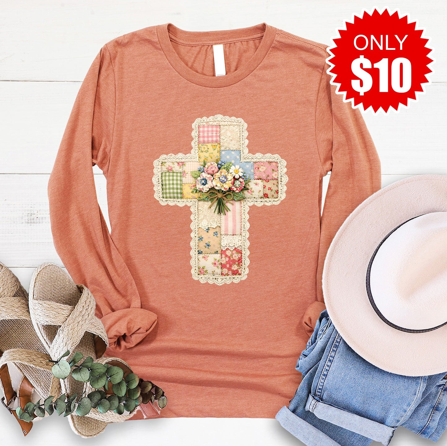 Cross Patchwork Long Sleeve - Heather Terracotta - 10