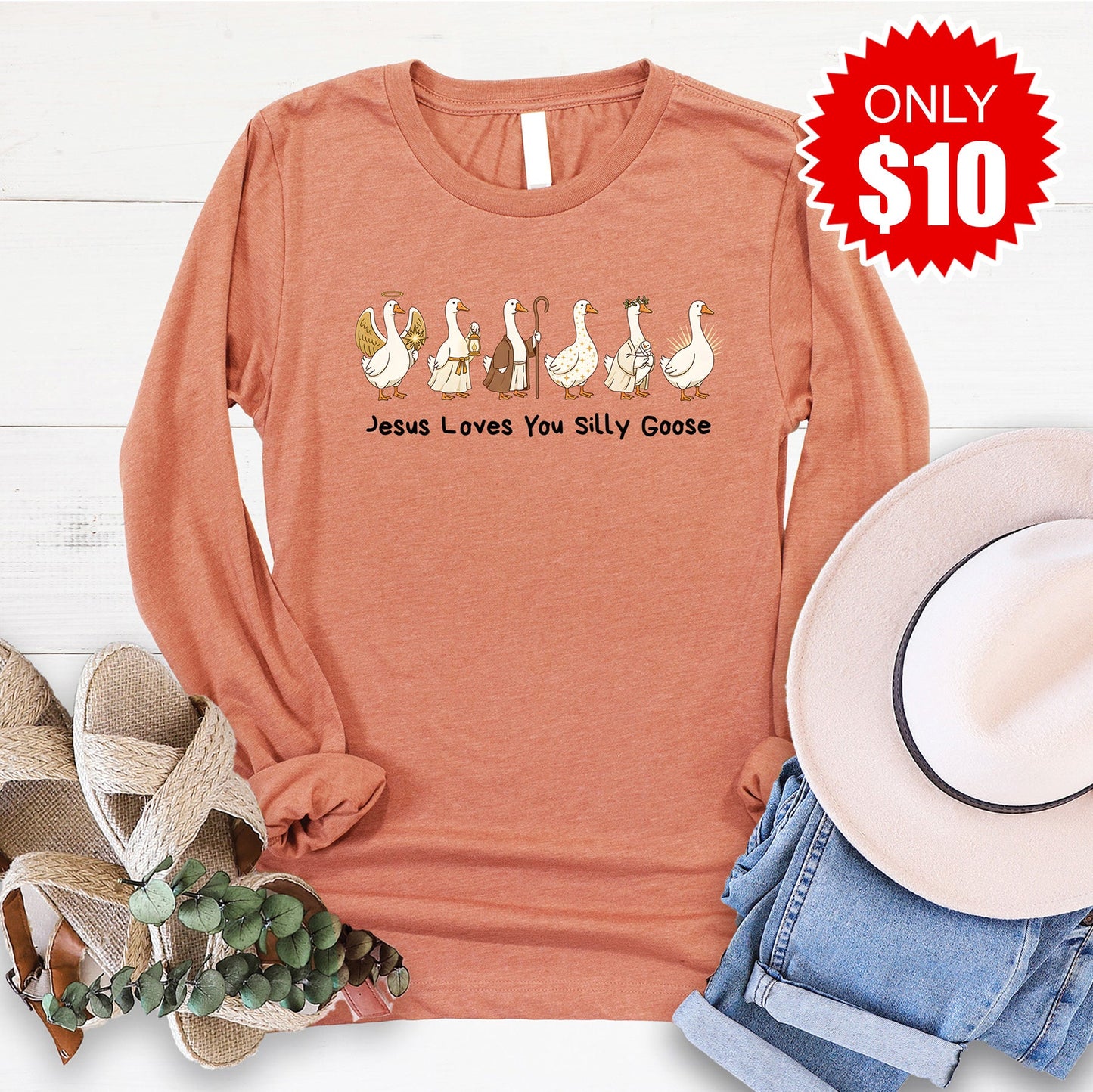 Jesus Loves You Silly Goose Long Sleeve - Heather Terracotta - 10