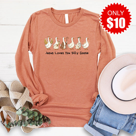 Jesus Loves You Silly Goose Long Sleeve - Heather Terracotta - 10