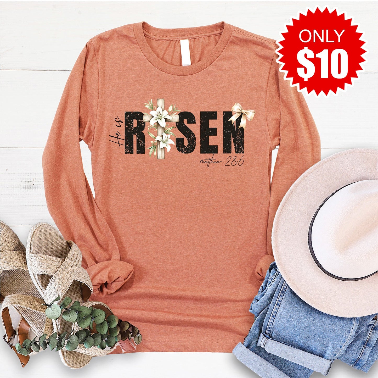 He Is Risen Long Sleeve - Heather Terracotta - 10