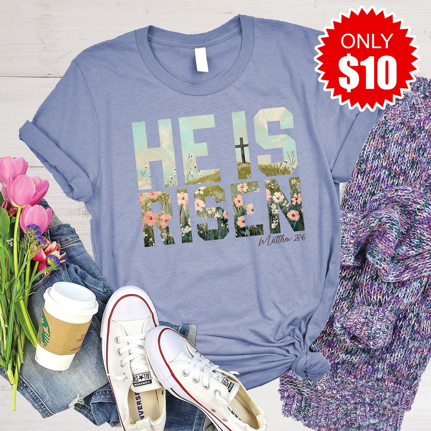 He Is Risen Tee - Heather Lavender Blue - 10