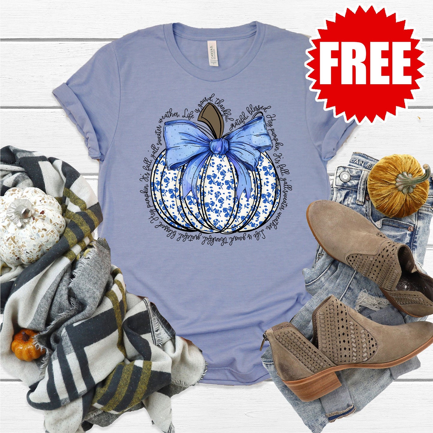 Blue Floral Pumpkin Tee - Heather Lavender Blue - 0