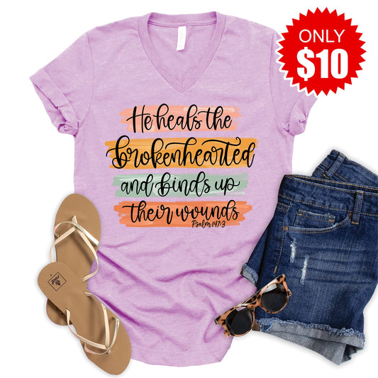 He Heals The Brokenhearted V-Neck - Heather Lilac - 10