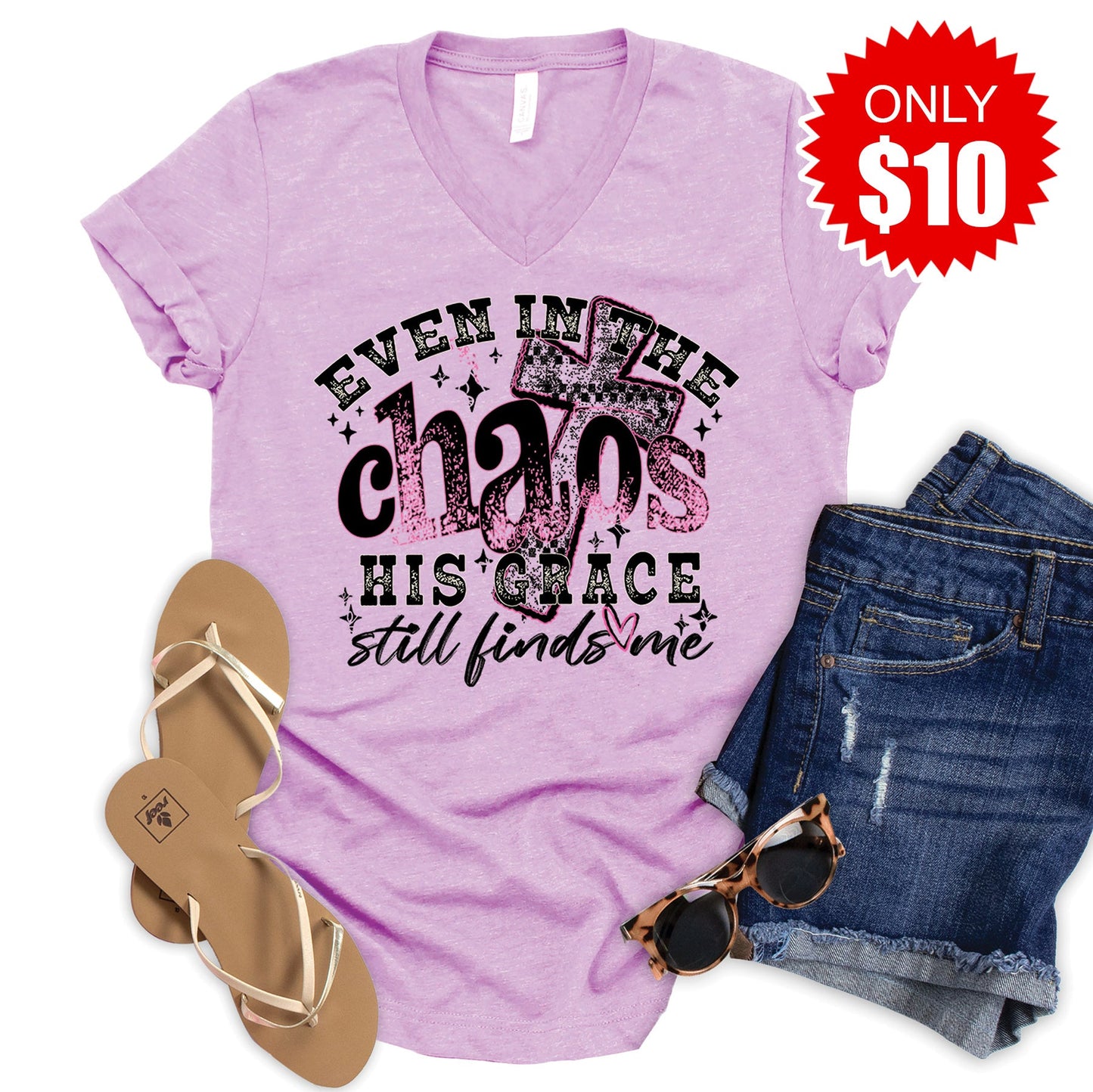 His Grace Still Finds Me V-Neck - Heather Lilac - 10