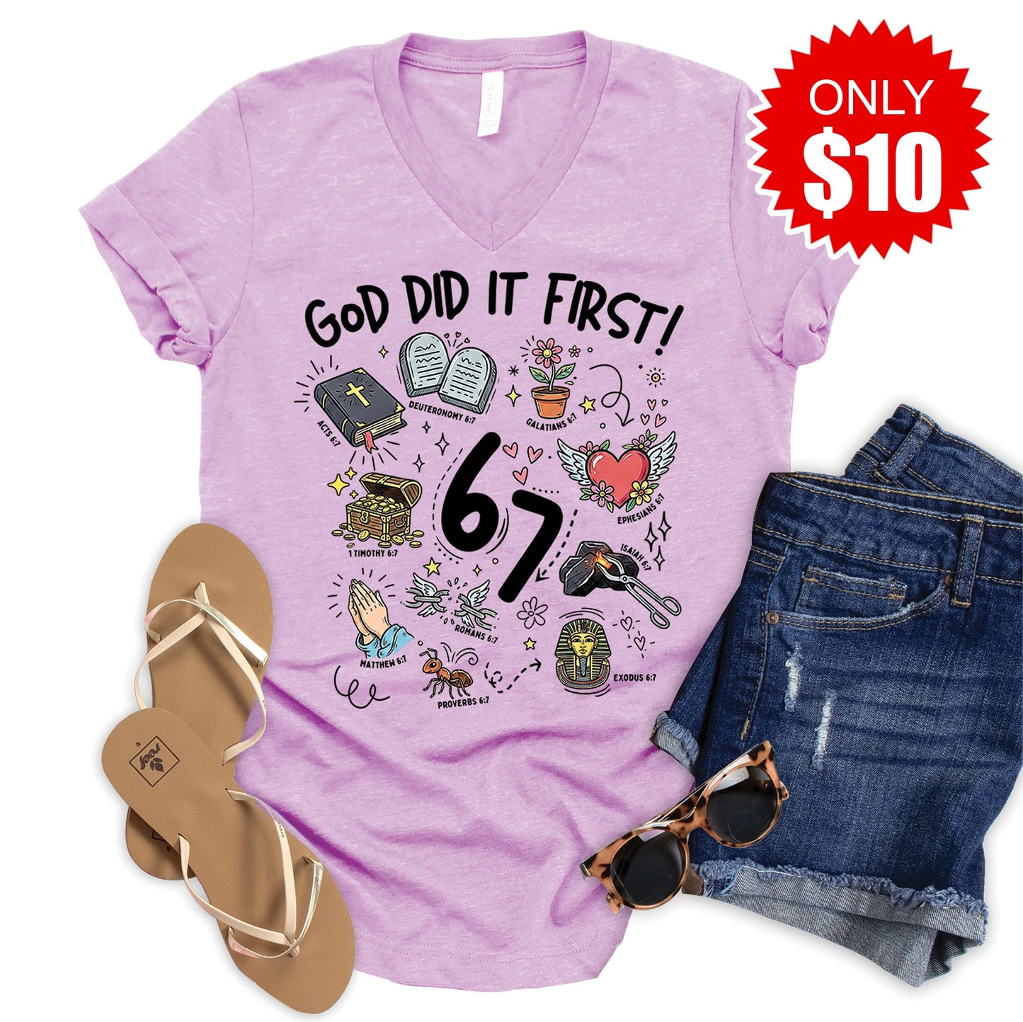 God Did It First V-Neck - Heather Lilac - 10