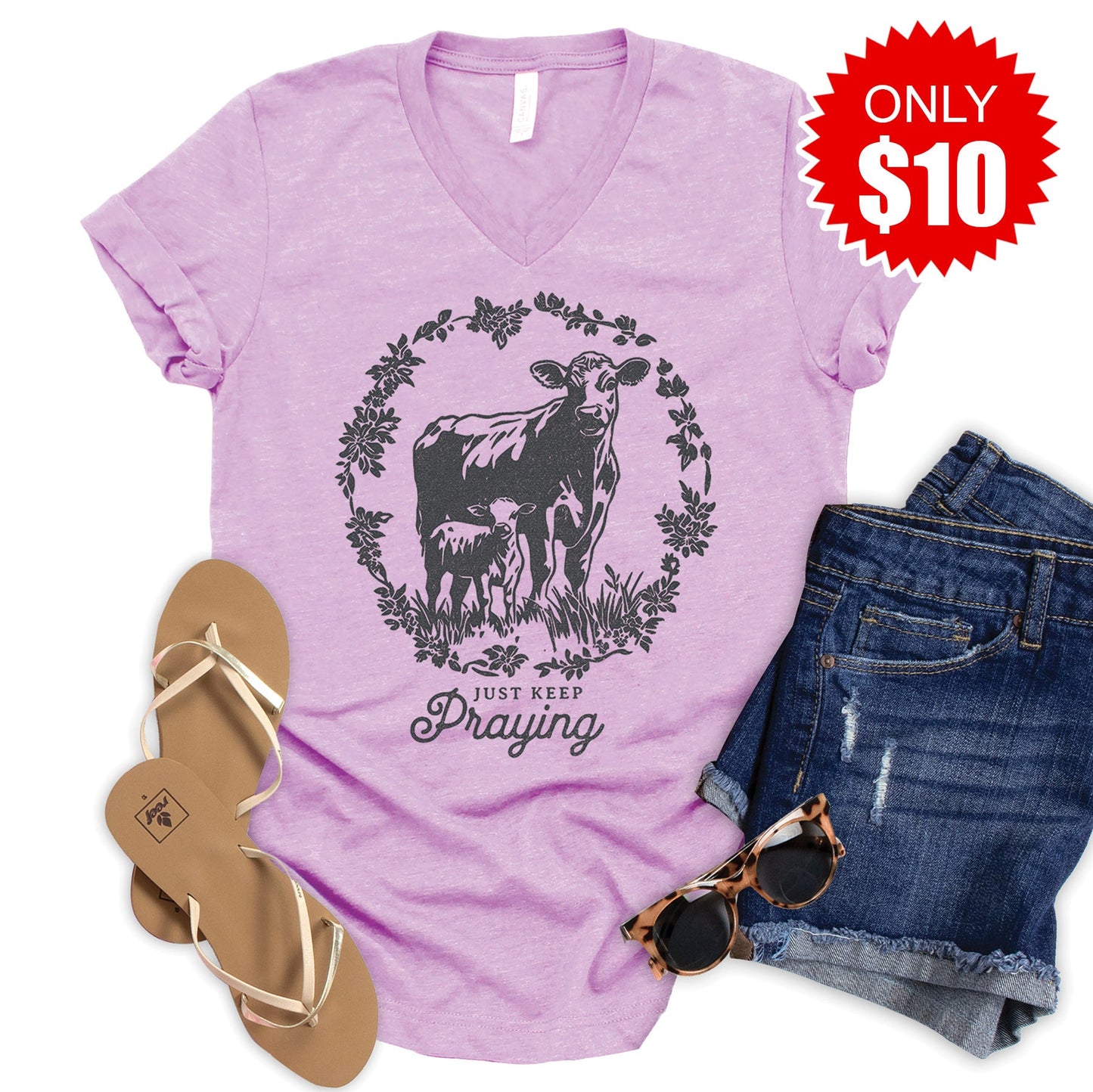 Just Keep Praying V-Neck - Heather Lilac - 10