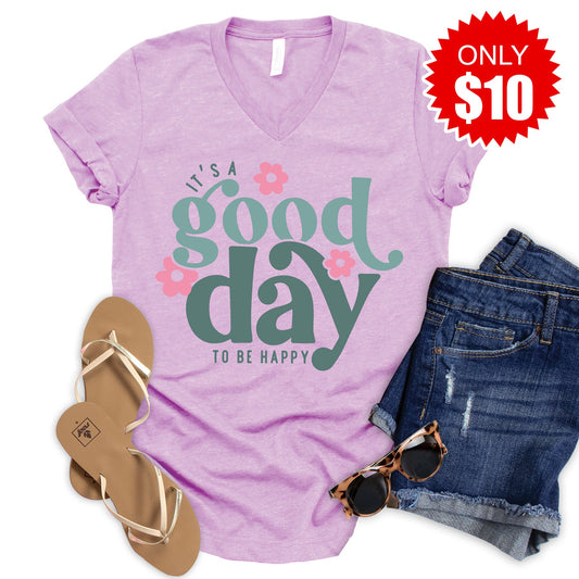 Good Day To Be Happy V-Neck - Heather Lilac - 10