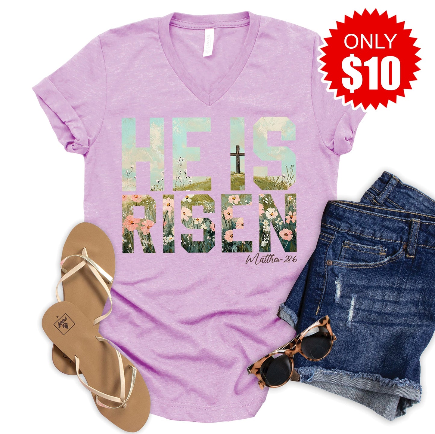 He Is Risen V-Neck - Heather Lilac - 10