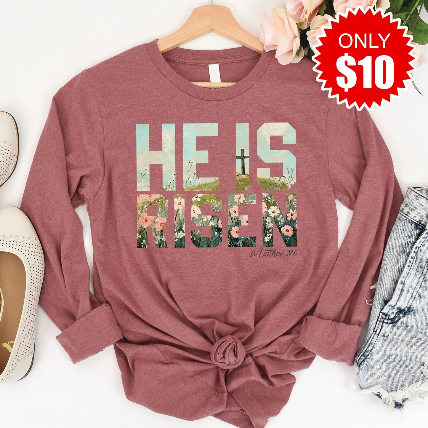 He Is Risen Long Sleeve - Heather Mauve - 10
