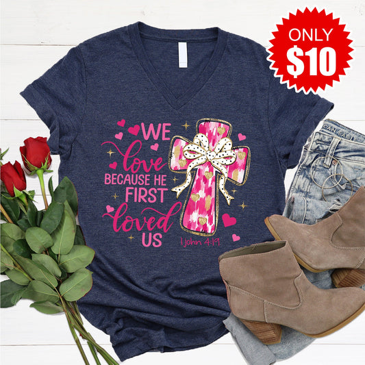 He First Loved Us V-Neck - Heather Navy - 10