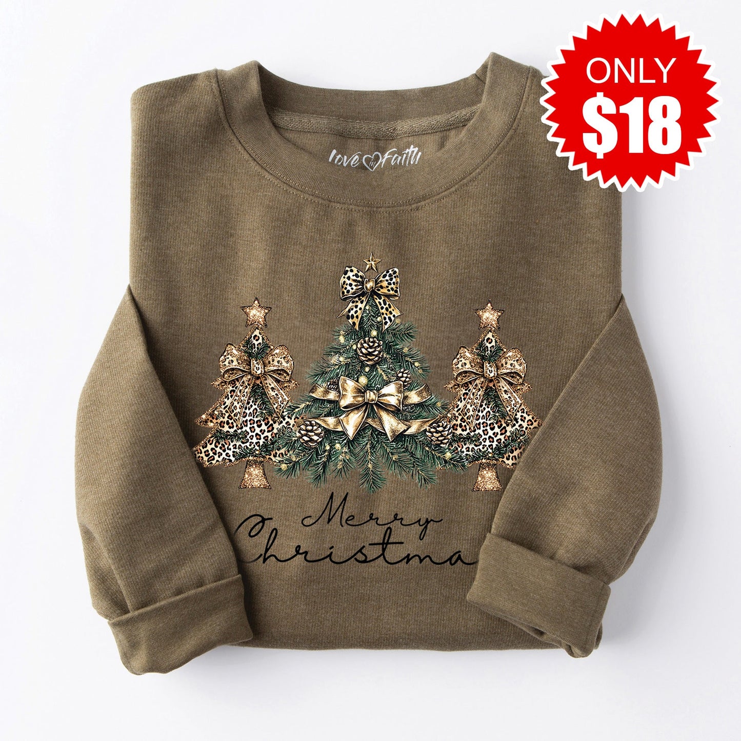 Christmas Tree Leopard Sweatshirt - Heather Olive - 18