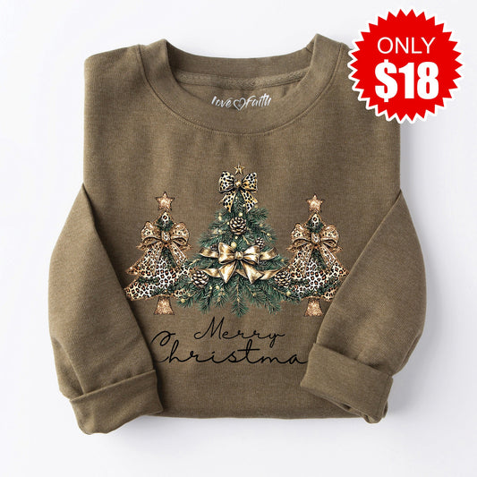 Christmas Tree Leopard Sweatshirt - Heather Olive - 18