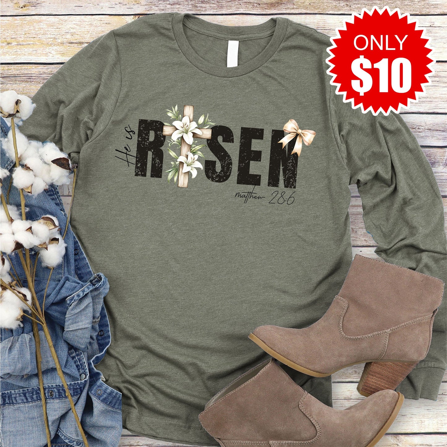 He Is Risen Long Sleeve - Heather Olive - 10