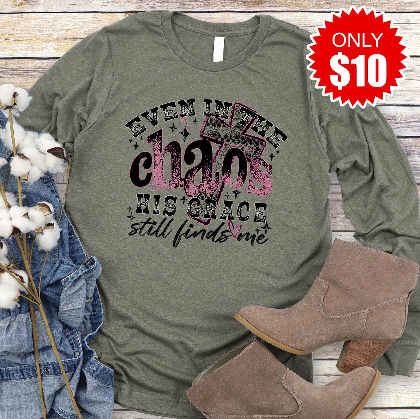His Grace Still Finds Me Long Sleeve - Heather Olive - 10