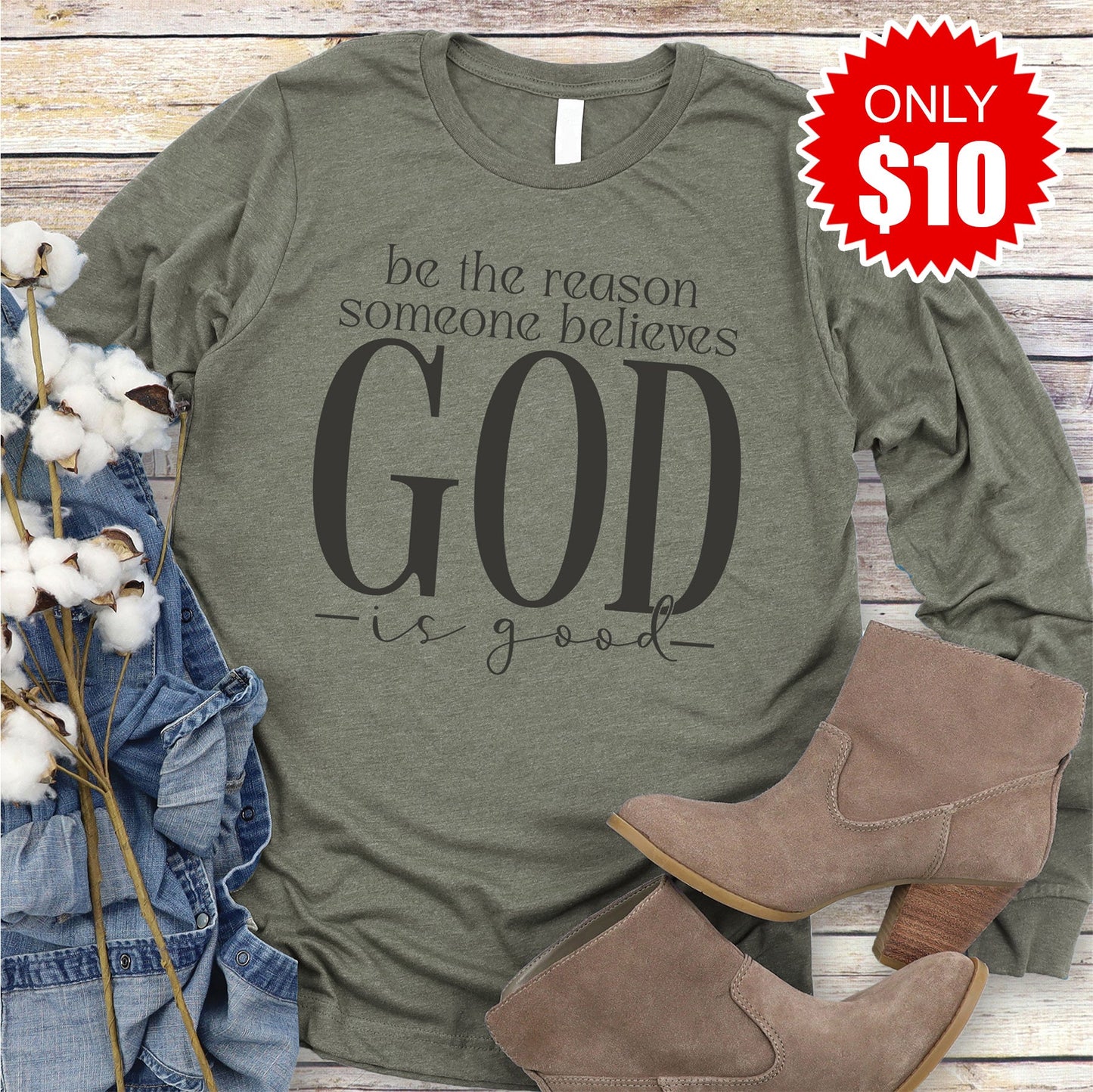 God Is Good Long Sleeve - Heather Olive - 10