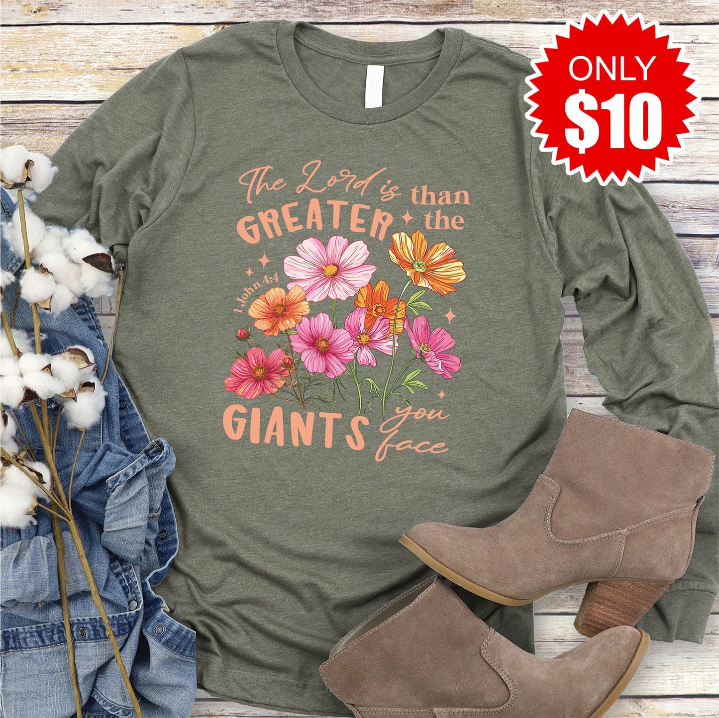Greater Than The Giants Long Sleeve - Heather Olive - 10