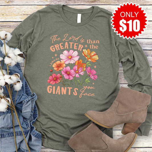 Greater Than The Giants Long Sleeve - Heather Olive - 10