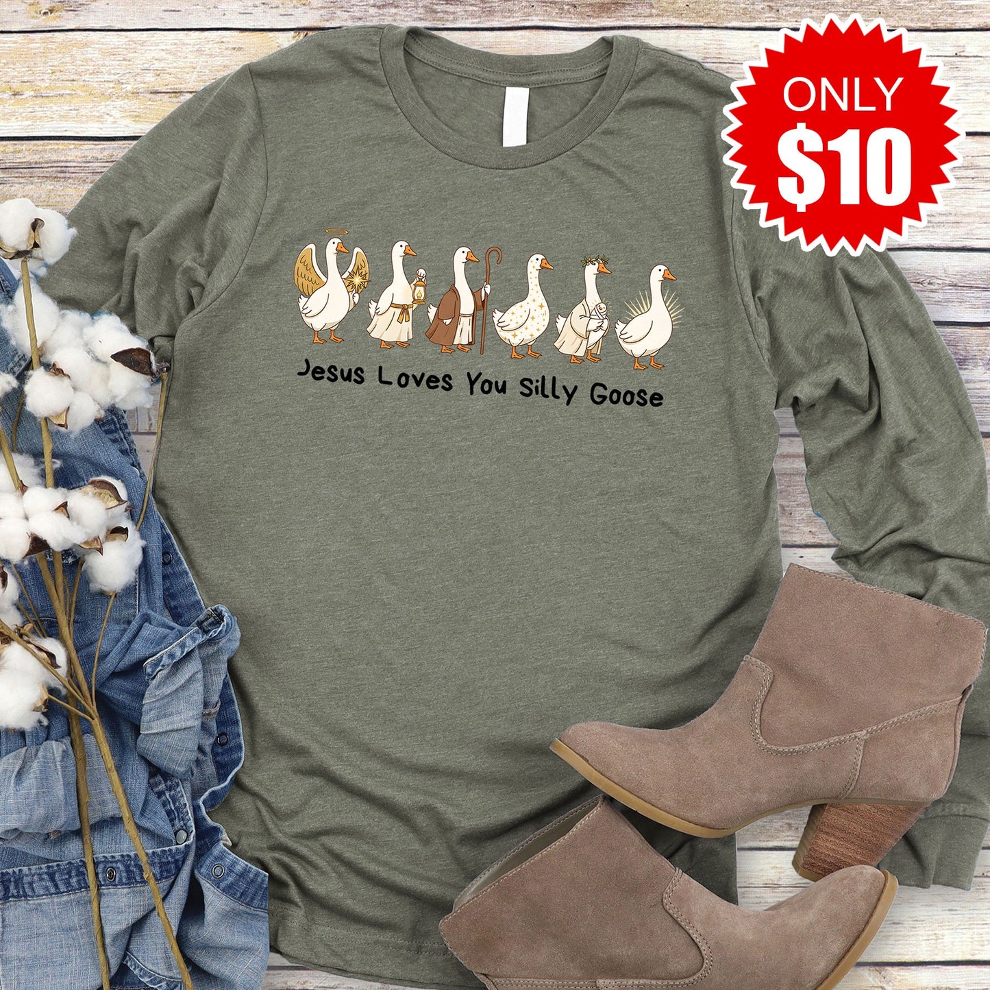 Jesus Loves You Silly Goose Long Sleeve - Heather Olive - 10